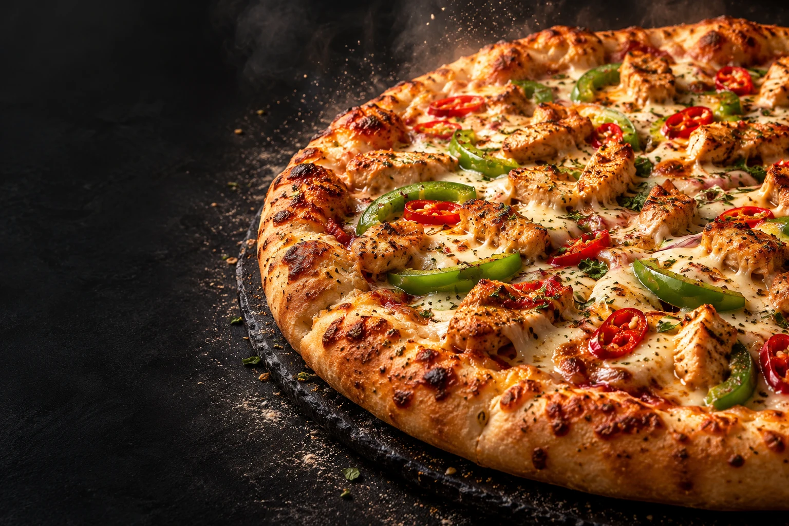 Illustrative freshly baked pizza in dramatic warm lighting